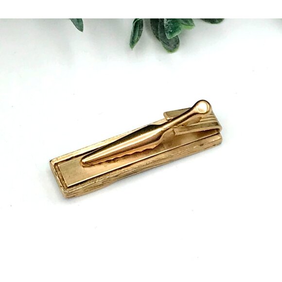 Vintage Gold-Toned Rectangular Tie Clip With Black Bow Tie Design - Picture 3 of 4